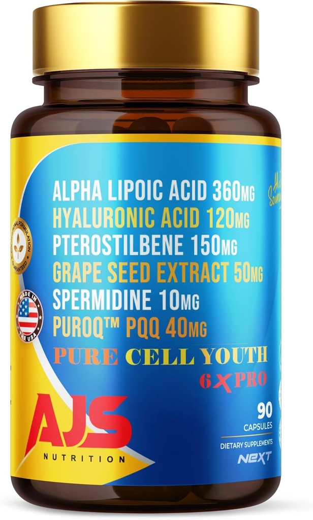 AJS Pure Cell Youth 6X PRO, 90 Capsules -PQQ 40mg, Acide R-lipoïque 360mg, Hyaluronate de sodium 120mg, Pterostilbène 150mg, Extrait de graines de raisin 50mg, Spermidine 10mg