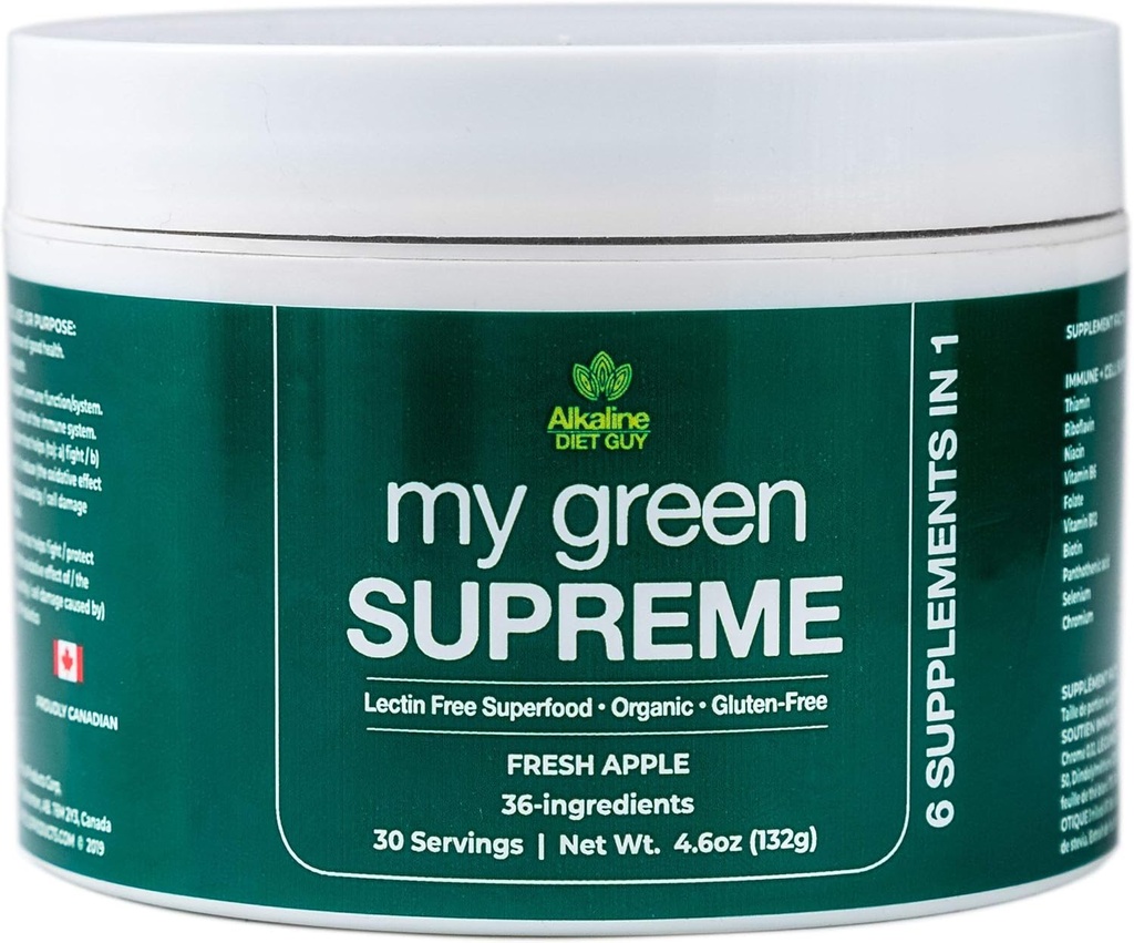 My Green Supreme Organic 6 in 1 Premium Superfood Supplement - Sans lectine et sans gluten - 30 portions (4.6 oz) - Saveur de pomme fraîche - Profitez dans un smoothie ou ajouté à toute boisson