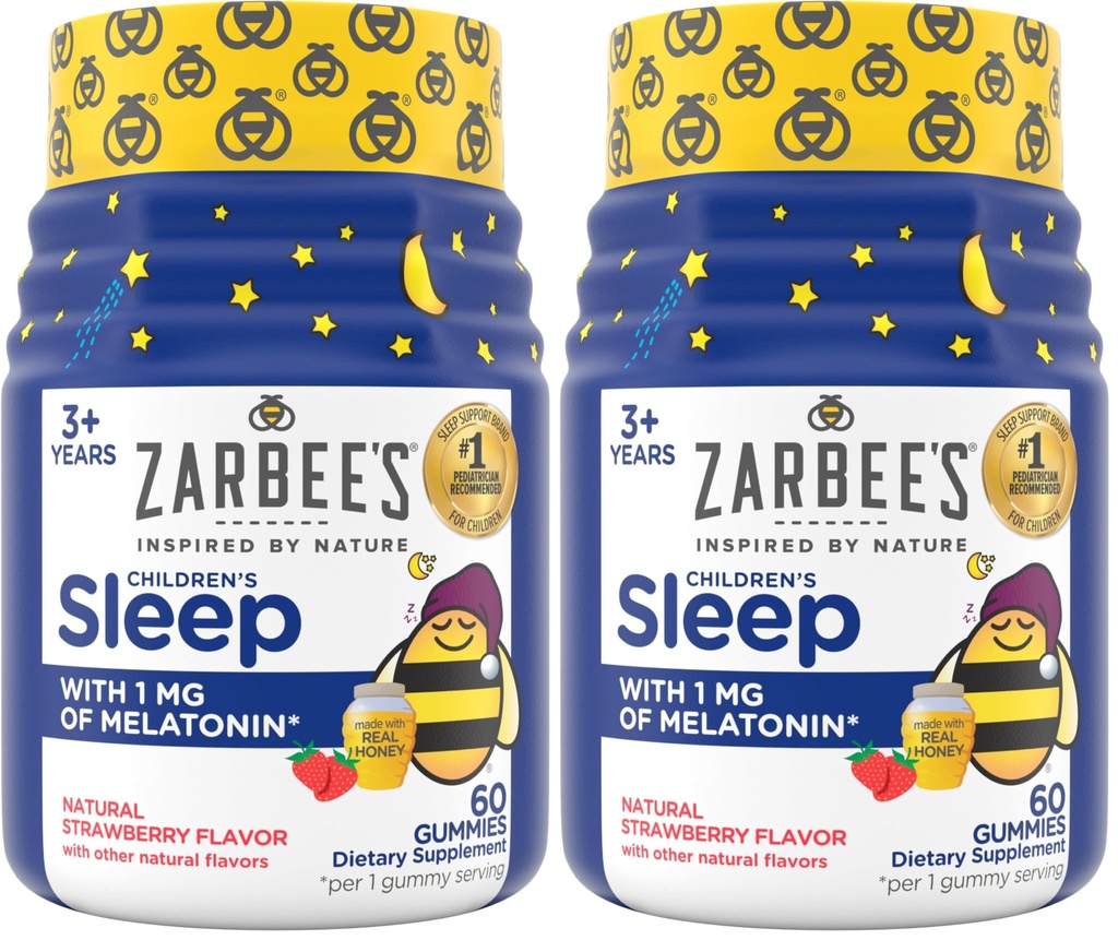 Gummies de sommeil des enfants de Zarbee avec la mélatonine, les Gummies de sommeil des enfants ne formant pas de habit travaillent avec des cycles de sommeil naturels pour promouvoir le sommeil pacifique, sans drogue, fraise naturelle, 60 ct (paquet de 2)