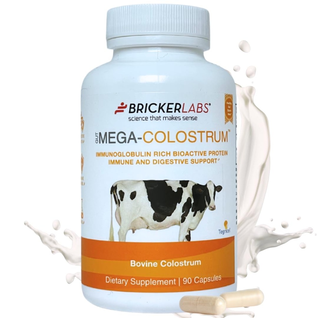 Bricker Labs Mega-Colostrum Capsules, Gut Health, Immunity, Skin & Hair, 1000 mg Bovine Colostrum Supplément 40% IgG, Riche en protéines bioactives, Facteurs de croissance et anticorps, 45 portions