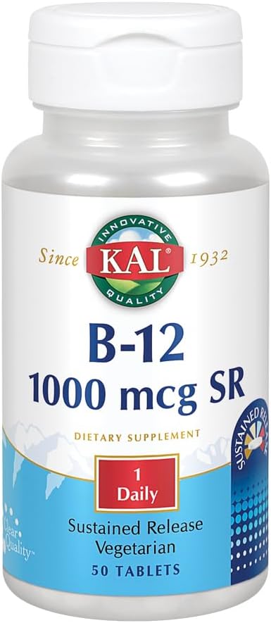 KAL B-12 1000 mcg Libération prolongée , Métabolisme sain, énergie, nerf et soutien des cellules du sang rouge , Végétarien , Laboratoire Vérifié , 50 comprimés