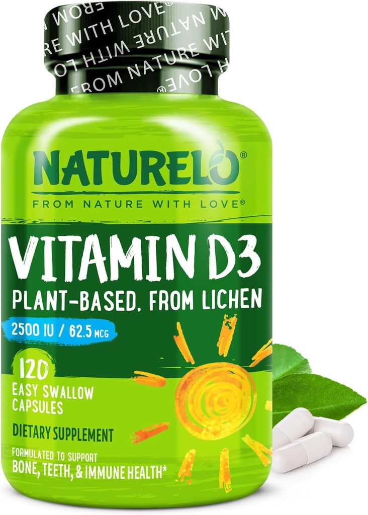 NATURELO Vitamine D - 2500 UI - Plante à base de lichen - Supplément naturel D3 pour système immunitaire, soutien osseux, santé articulaire - Vegan - Non-OGM - Sans gluten - 120 capsules