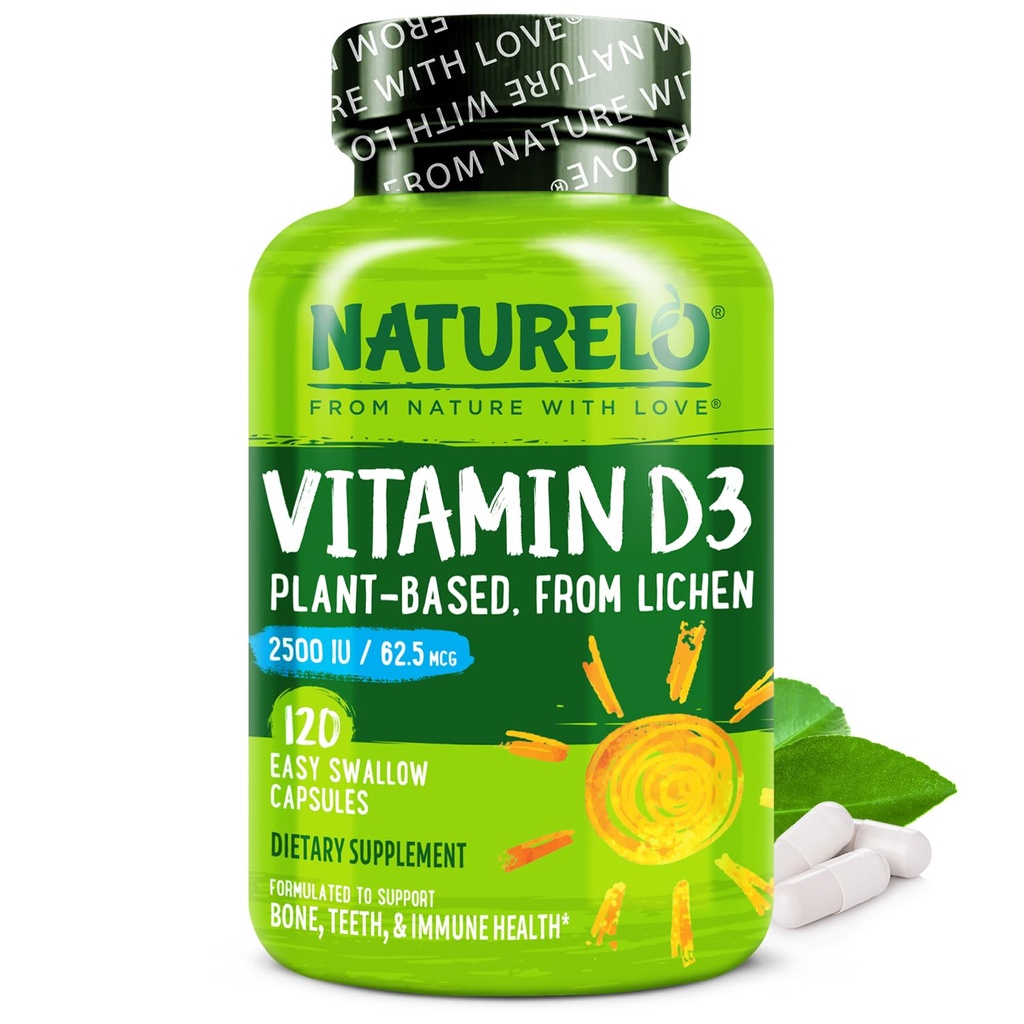 NATURELO Vitamine D - 2500 UI - Plante à base de lichen - Supplément naturel D3 pour système immunitaire, soutien osseux, santé articulaire - Vegan - Non-OGM - Sans gluten - 120 capsules