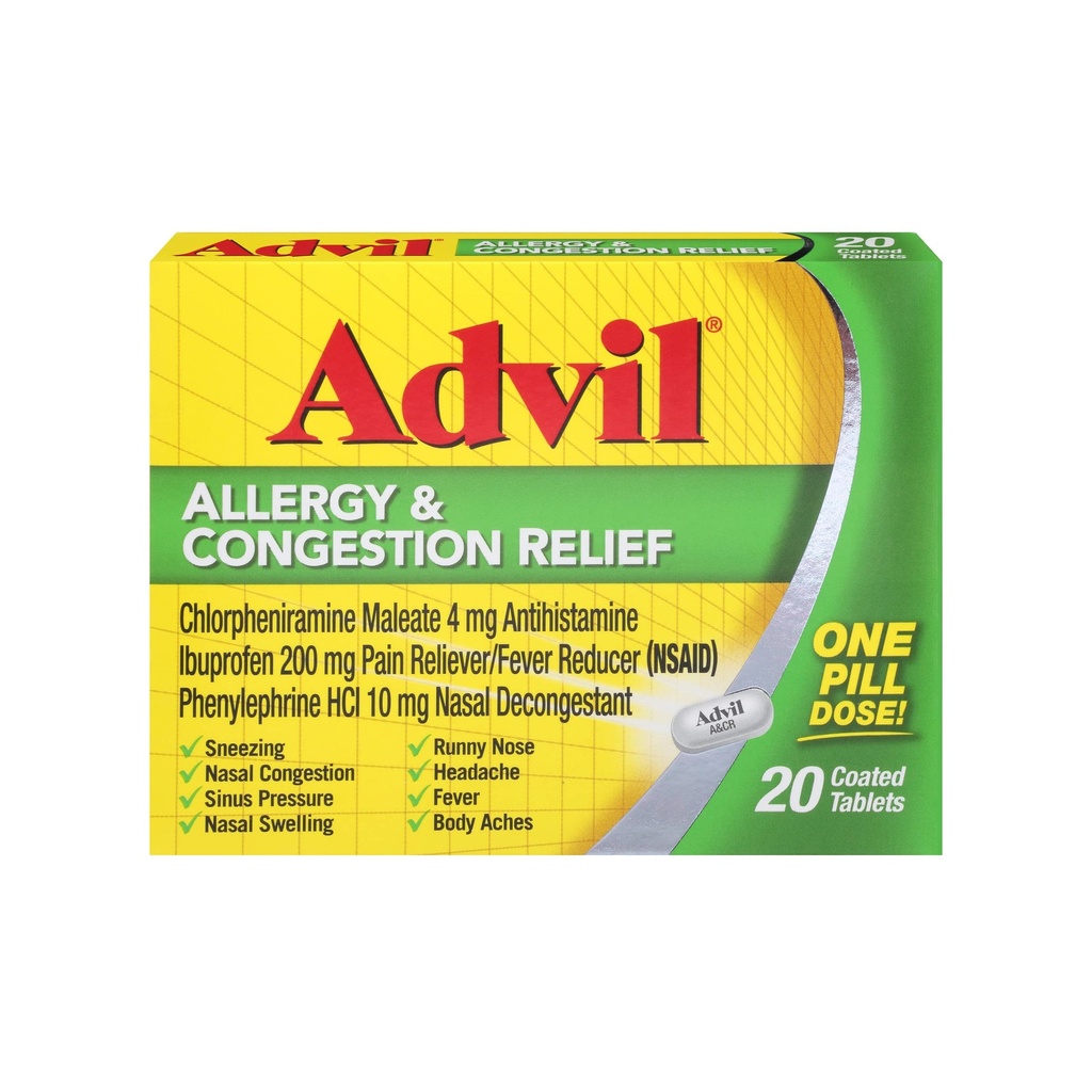 Comprimés antiallergiques et anticongestion, anti-douleur, réducteur de fièvre et anti-allergie avec Ibuprofène, HCl Phénylephrine et Maléate de chlorphéniramine 4 mg - 20 comprimés enduits