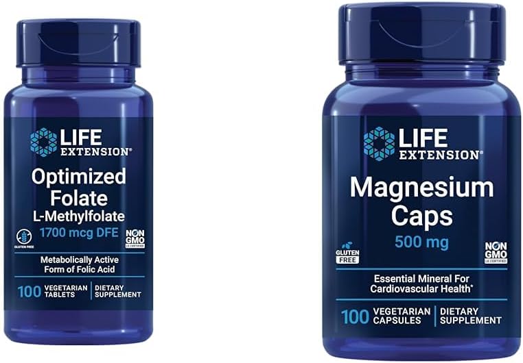 Prolongation de la vie Cerveau et coeur Santé Folate et supplément de magnésium, 100 comprimés et 100 capsules
