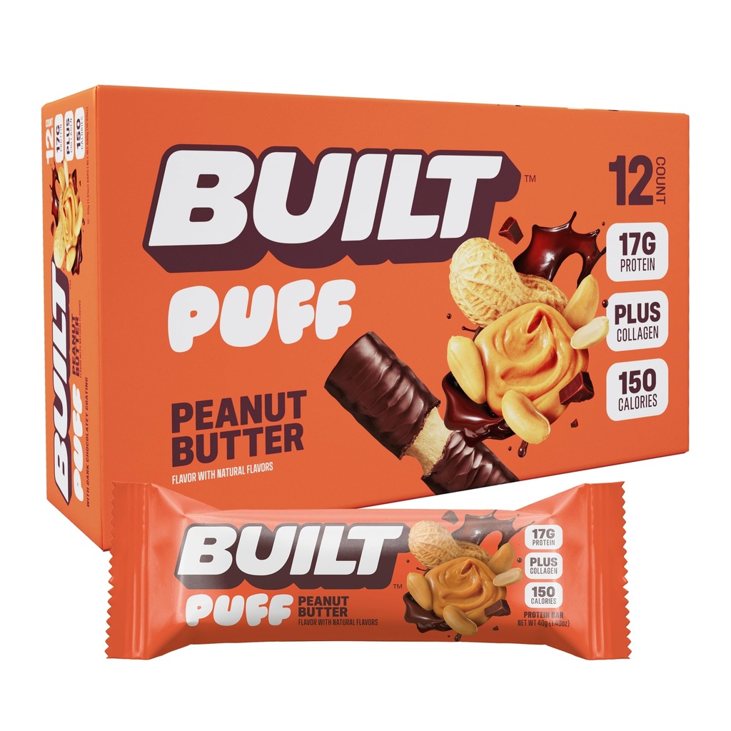 Barre construite, Barres protéinées de puff, Puff au beurre d'arachide, 17g de collations protéinées, Barres en marche, seulement 150 calories, 6g de sucre, Collagène, Sans gluten, 12 Compte