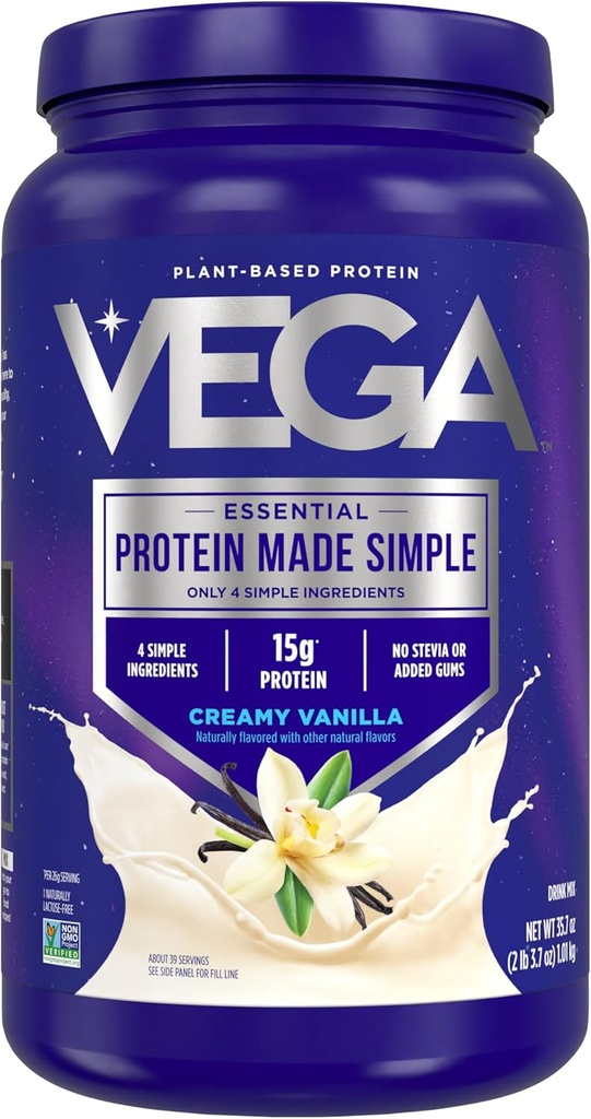 Protéines de Vega en poudre de protéines simples, Vanille - sans Stevia, végétalien, à base de plantes, sain, sans gluten, protéines de pois pour les femmes et les hommes, 2,2 lbs (paquetage mai vary)