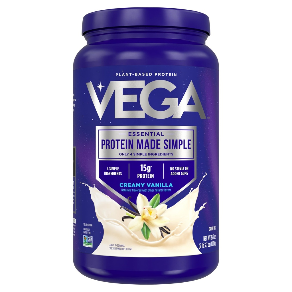 Protéines de Vega en poudre de protéines simples, Vanille - sans Stevia, végétalien, à base de plantes, sain, sans gluten, protéines de pois pour les femmes et les hommes, 2,2 lbs (paquetage mai vary)