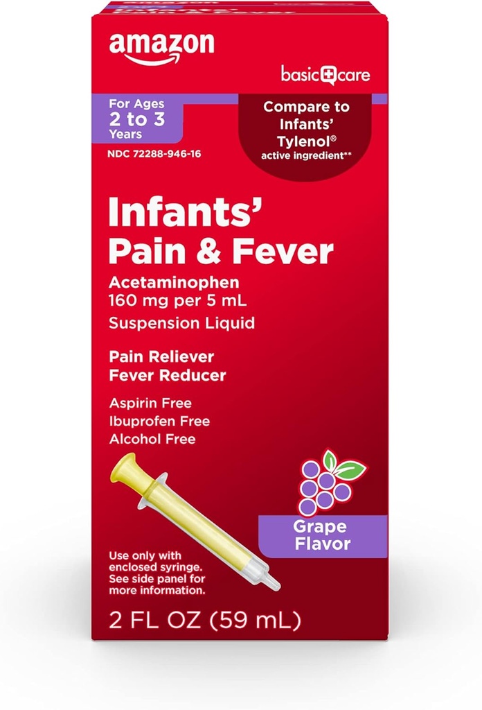 Soins de base Douleur et fièvre des nourrissons Suspension buvable, acétaminophène 160 mg par 5 mL, soulagement rapide et efficace de la douleur et réducteur de fièvre pour les enfants, arômes de raisin, 2 fl oz (paquet de 1)