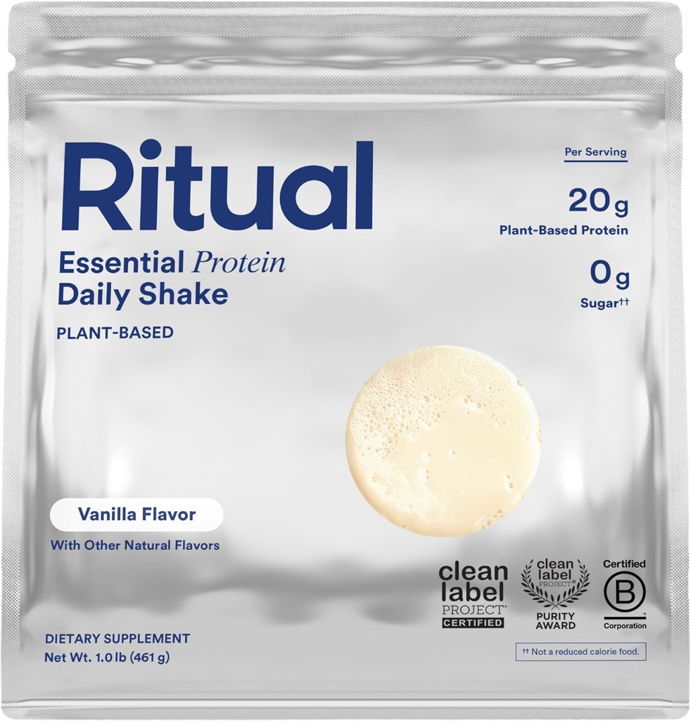 Poudre de protéines végétaliennes ritual avec BCAA: 20g de protéines organiques à base de pois des fermes régénératives aux États-Unis, Profil complet d'acide amino, sans gluten, sans sucre, sans lait, vanille, 1 Lbs