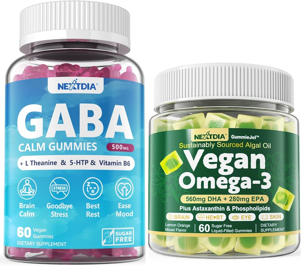 Vegan Omega 3 Gummies 1 Pack+ GABA Gummies Sans sucre 2 Pack