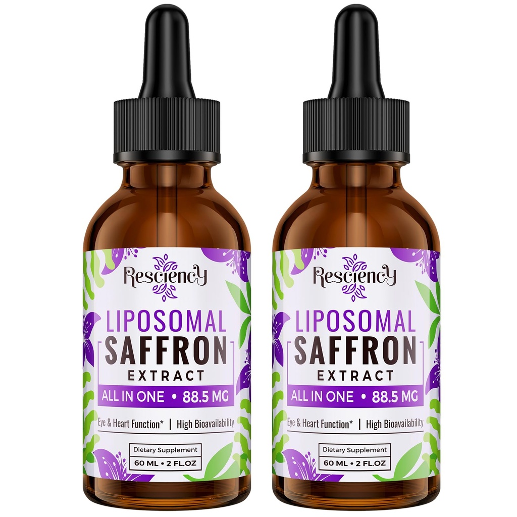 Resciency Liposomal Saffron Supplements Drops 88.5mg – High Bioavailability Liquid Saffron Extract for Mood Support, Energy, Focus & Vision with Ashwagandha, Magnesium, Zinc, B12 & D3, 4 fl oz