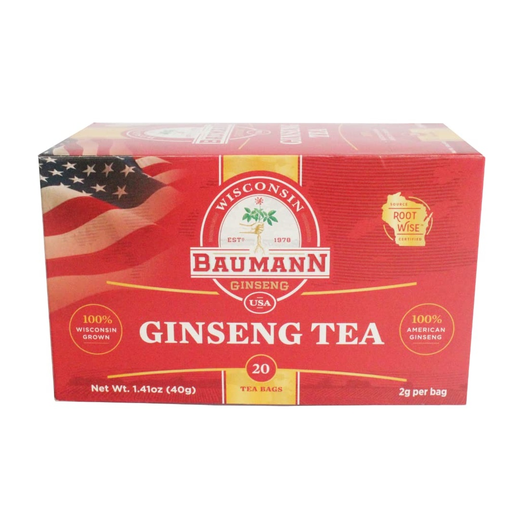 Baumann Premium American Ginseng Tea Bags (20 sachets à thé) - Authentic Panax Wisconsin Grown Panax Ginseng Herbal Tea - Thé vert sain avec des ginsénosides antioxydants pour une meilleure concentration et énergie