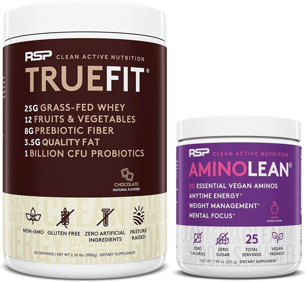 RSP NUTRITION AminoL'énergie de préentraînement végétalienne (Acai 25 portions) avec poudre de protéines TrueFit (chocolat 2 LB)