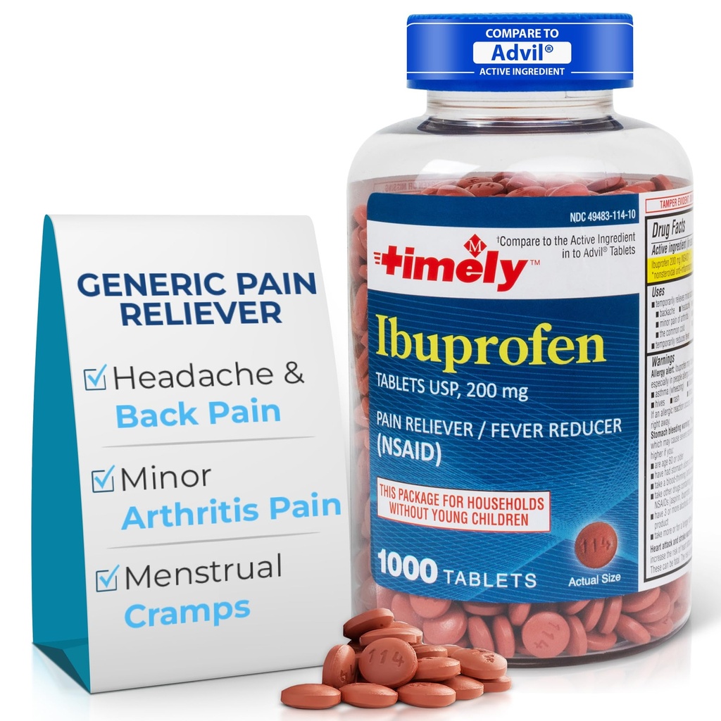 LABS TEMPORAIRE, INC. Ibuprofène en temps opportun 200mg 1000 comprimés - Comprimés de soulagement de la douleur et réducteur de fièvre - pour soulager les maux de tête, douleurs menstruelles, douleurs dentaires, musculaires, arthrite Douleur et douleurs corporelles