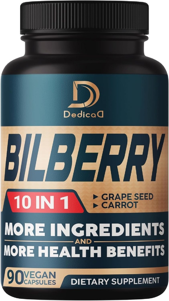10in1 Extrait de Bilberry pour supplément pour yeux pendant 3 mois - Équivalent 9260mg avec Graines de raisin, Carotte, Elderberry, Eyebright, Quercetin et plus Herbes - Non-OGM, Sans gluten - 90 Capsules Vegan