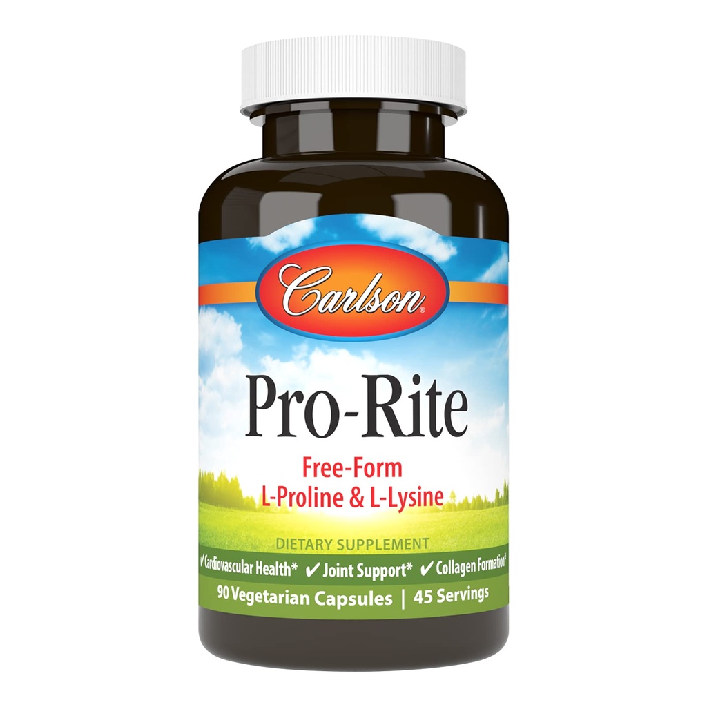 Carlson - Pro-Rite, Free-Form L-Proline et L-Lysine, Santé, Soutien interarmées et Formation de collagène, 90 Capsules