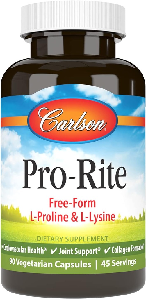 Carlson - Pro-Rite, Free-Form L-Proline et L-Lysine, Santé, Soutien interarmées et Formation de collagène, 90 Capsules