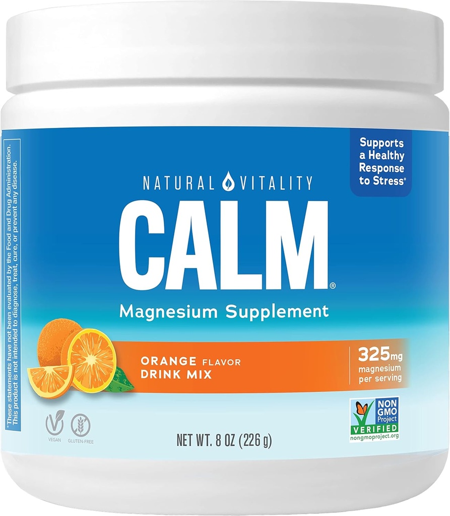 Vitalité naturelle Supplément de magnésium calme, poudre de mélange anti-stress, sans gluten, végétalien, et non-OGM, orange, 8 oz