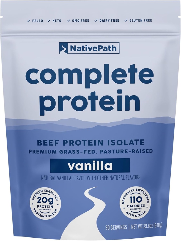NativePath Complete Beef Protein Powder Isolate – Gras d'herbe, pâturage, laiterie et lactose, sans gluten, sucre zéro, MCT et acides aminés – 20g de protéines, vanille, 30 portions