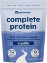NativePath Complete Beef Protein Powder Isolate – Gras d'herbe, pâturage, laiterie et lactose, sans gluten, sucre zéro, MCT et acides aminés – 20g de protéines, vanille, 30 portions