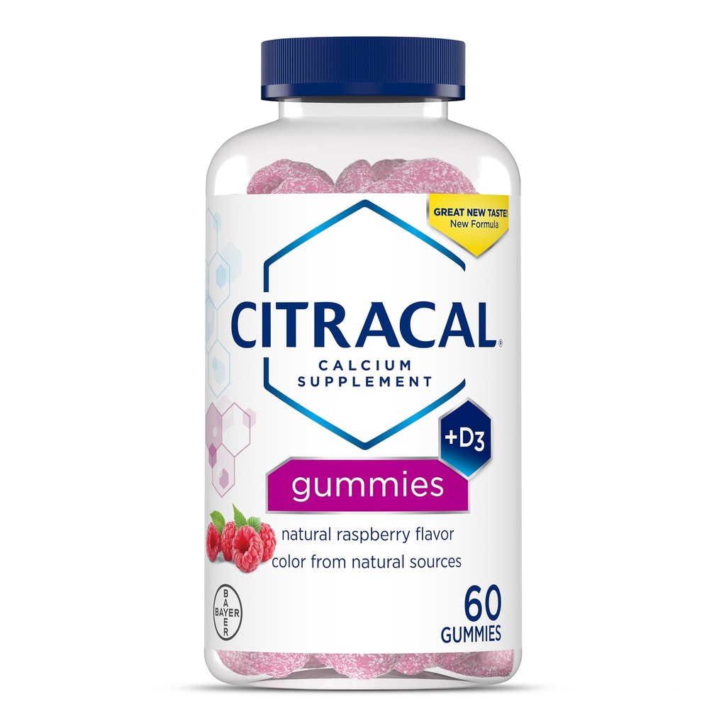 Gommies de calcium, supplément de calcium avec vitamine D3, soutien de la santé des os, pour les 12 ans et plus, saveur de framboise naturelle, 60 comte