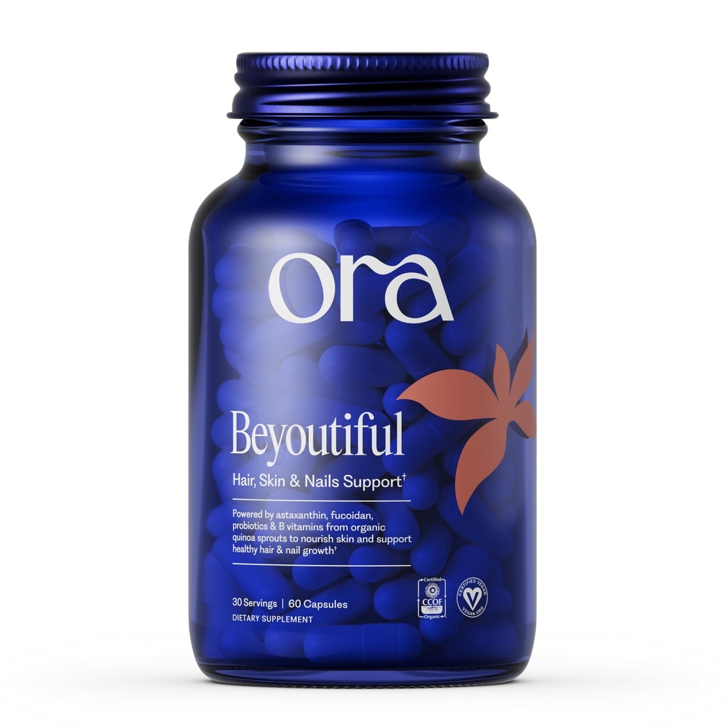 Ora Organic Hair, Skin, and Nails Support- BeYouTiful - Supplément beauté avec des vitamines B et des extraits d'algues pour les cheveux et la peau sains - 60 Capsules Vegan