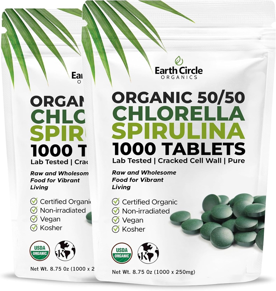 Premium Bio CHLORELLA /SPIRULINA 1000 Comprimés (50/50) Casher, Végétalien - Superfood d'algues vertes, Mur de cellules craquées, Chlorophylle, Haute en protéines et en fer, sans additifs, ni charges 8.75 Oz (2 Pack)