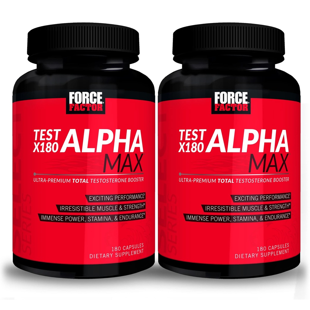 FORCE FACTOR Test X180 Alpha Max, 2 packs, testostérone totale et booster d'oxyde nitrique pour les hommes avec graines et Tribulus Fenugreek pour augmenter le flux sanguin et améliorer la performance athlétique masculine, 360 capsules