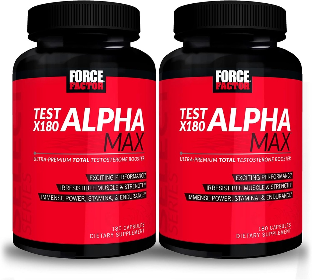FORCE FACTOR Test X180 Alpha Max, 2 packs, testostérone totale et booster d'oxyde nitrique pour les hommes avec graines et Tribulus Fenugreek pour augmenter le flux sanguin et améliorer la performance athlétique masculine, 360 capsules
