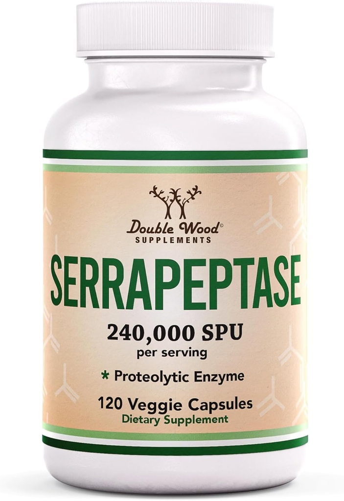 Serrapeptase 240 000 SPU Max Potency (120 Capsules de Veggie) Enzyme protéolytique pour la santé des sinus, des voies respiratoires et des articulations (non OGM, sans gluten, sans végétarienne) par Double Wood