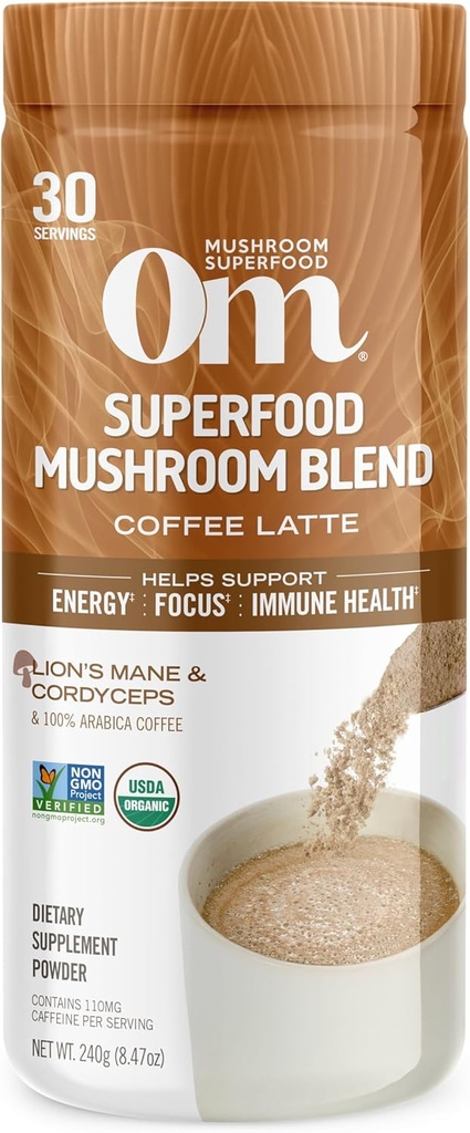 OM MUSHROOM SUPERFOOD Coffee Latte Blend Mushroom Powder, 8.47 Ounce Canister, 30 portions, Lion's Mane, Cordyceps, Reishi, Chaga, supplément de soutien pour l'énergie et la clarté mentale