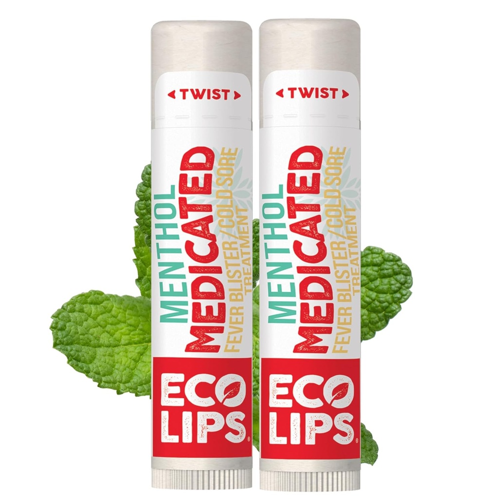 Baume à lèvres bio médicamenté Eco Lips certifié pour les plaies froides et les blisters de fièvre avec Menthol, Tea Tree et Lemon Baume 2 pack par Eco Lips 100% Natural. Fabriqué aux États-Unis