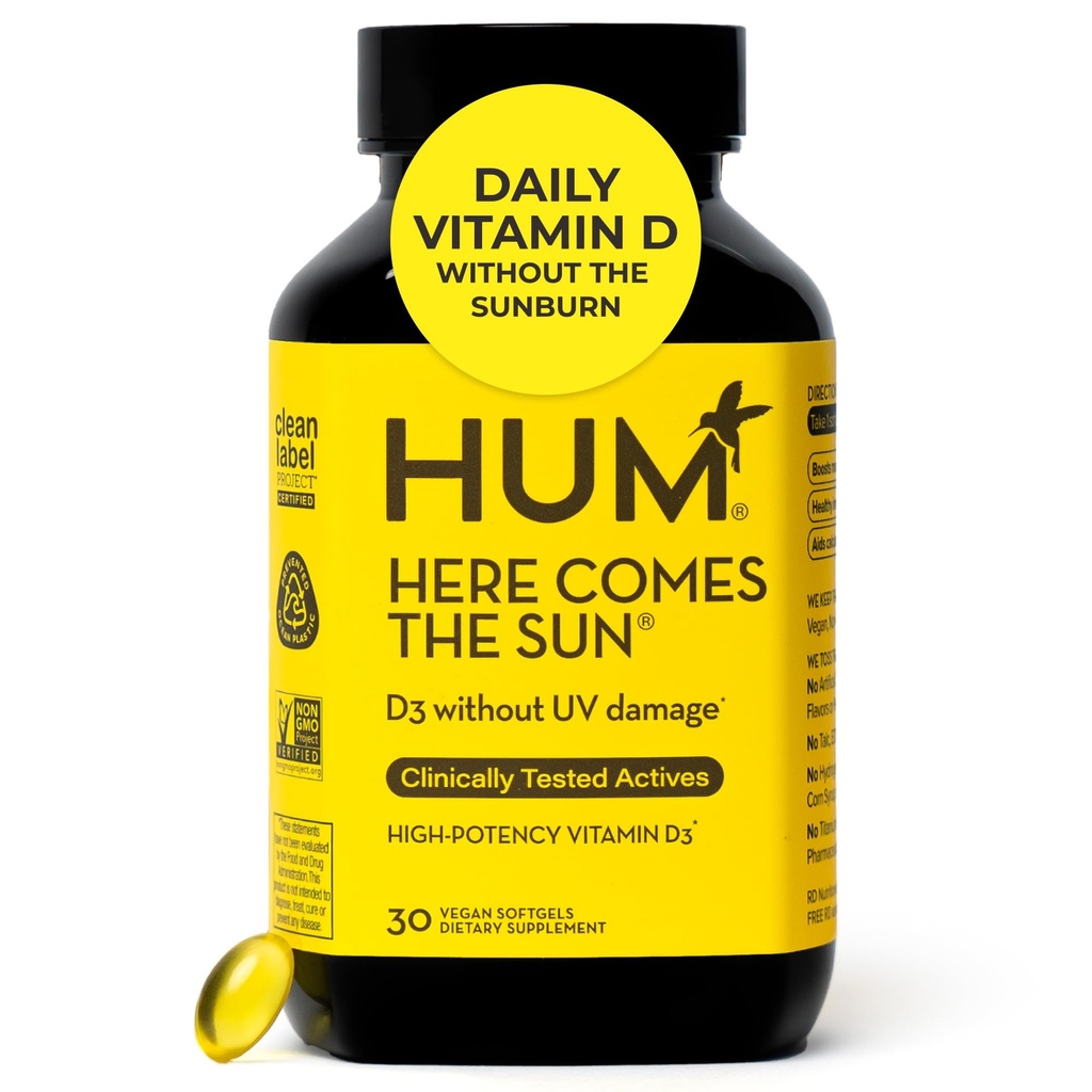 HUM Voici le supplément de soutien Sun Imune avec suppléments de vitamine D pour les femmes et les hommes pour un système immunitaire sain, D3 Vitamine soutient la santé des os, 30 capsules
