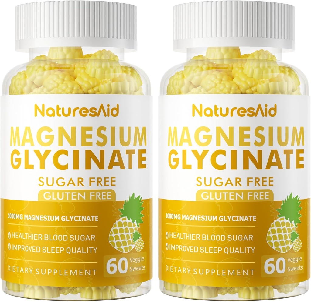 Glycinat de magnésium Gommies 1000mg - Supplément de potassium de magnésium sans sucre avec vitamine D, B6, CoQ10 pour l'humeur calme et le soutien du sommeil - 120 Gommies d'ananas -2 Pack