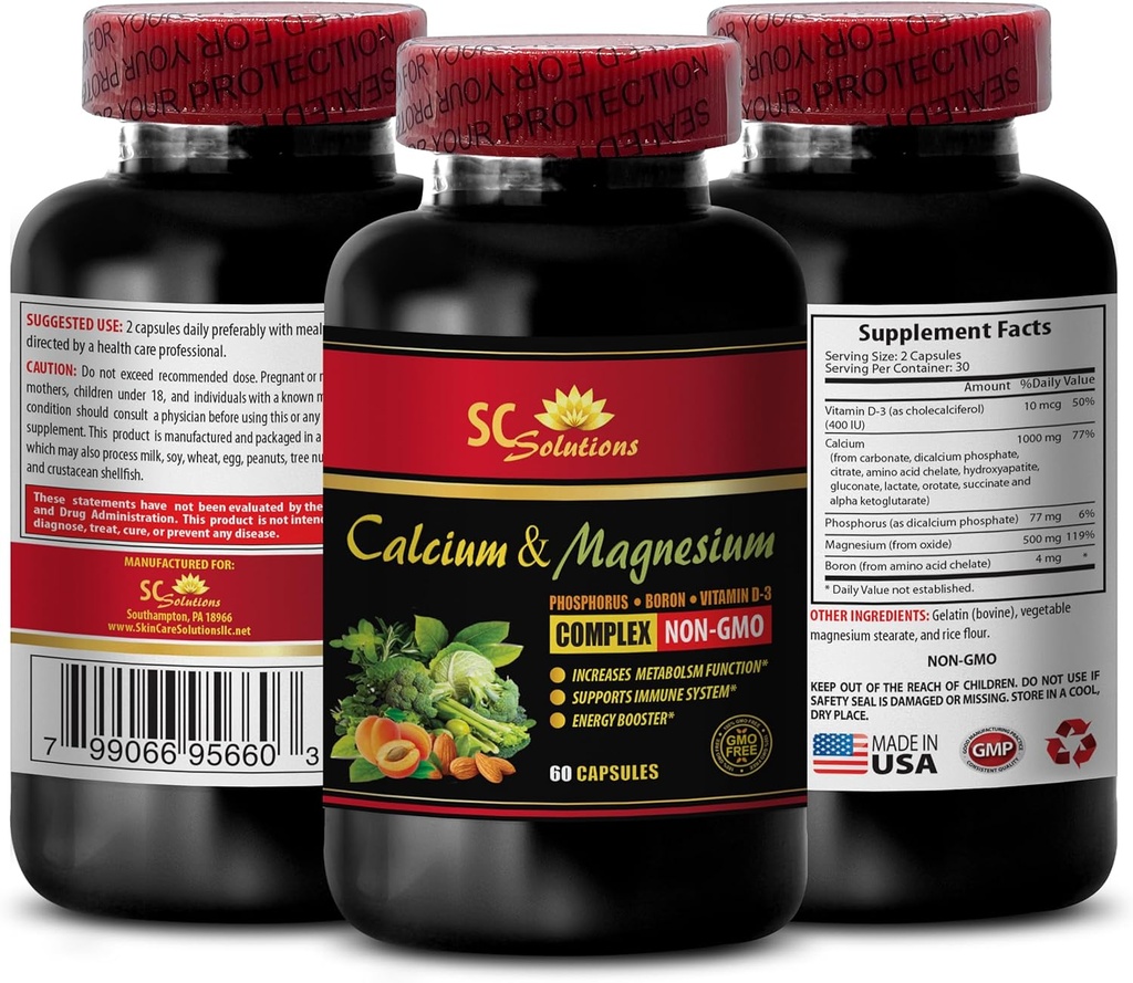 zinc de magnésium de calcium avec vitamine d3 - Complexe de magnésium de calcium avec vitamine D et Boron - Supplément de réparation musculaire pour les hommes, vitamines de soutien immunitaire pour les adultes, croissance musculaire - 1 bouteille 60 capsules