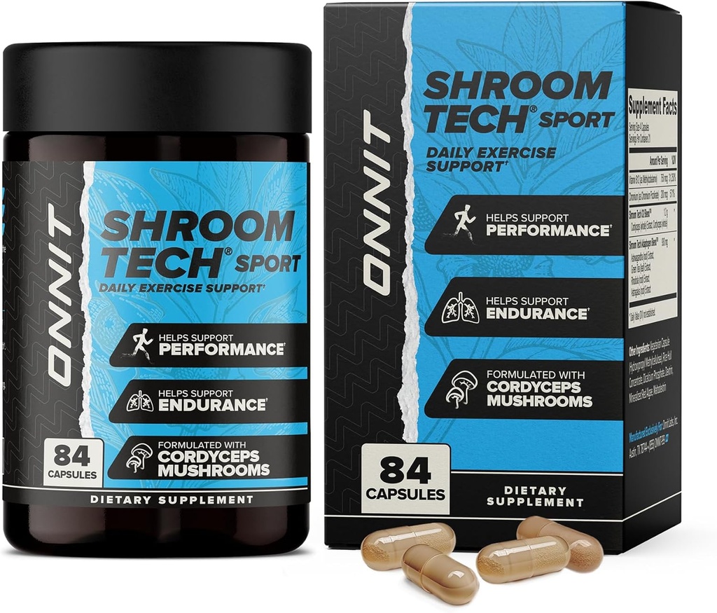 ONNIT Shroom Tech Sport Daily Exercise Support Capsules, Supplément préentraînement avec Cordyceps Champignons, Supplément alimentaire sans caféine pour le soutien énergétique quotidien, 84 Comte