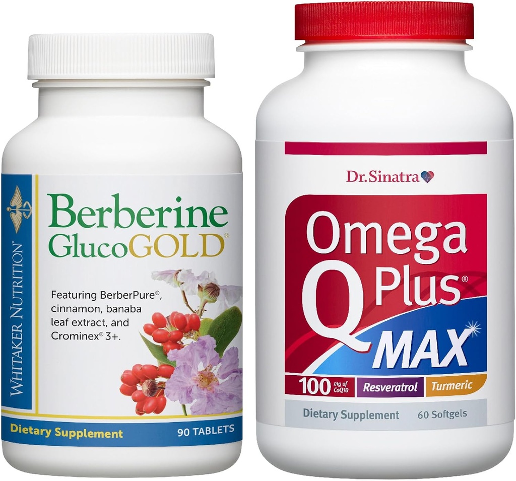 Dr WhitakerS Berberine GlucoGold avec 1500mg BerberPure Berberine, Cinnamon, Crominex PLUS Dr SinatraS Omega Q Plus MAX Support de santé cardiaque avancé avec 100mg CoQ10, Turmeric, et plus encore