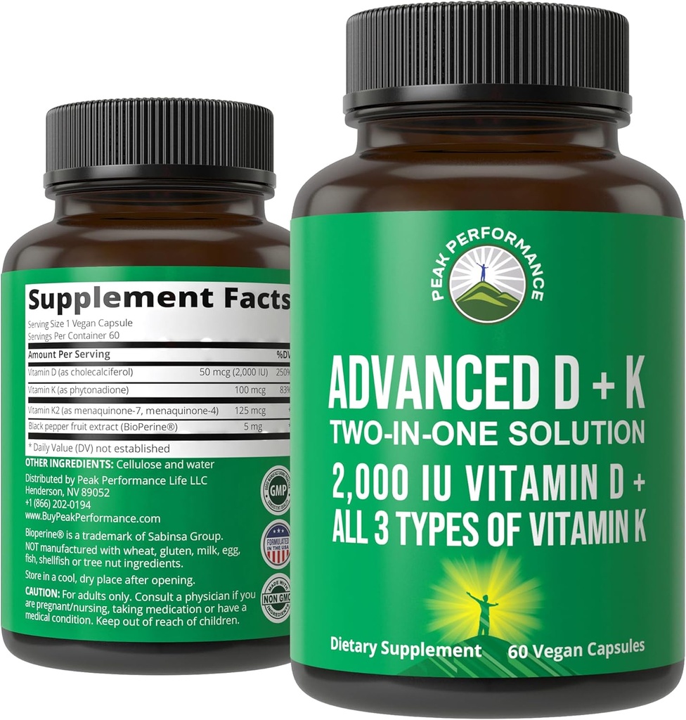Performance de pointe Vitamine D 2000 UI avec tous les 3 types de vitamine K Vitamine D3 et vitamine K2, K1, MK-7 (MK7), MK4 Suppléments. 60 petites pilules végétales faciles à avaler (2000 UI)