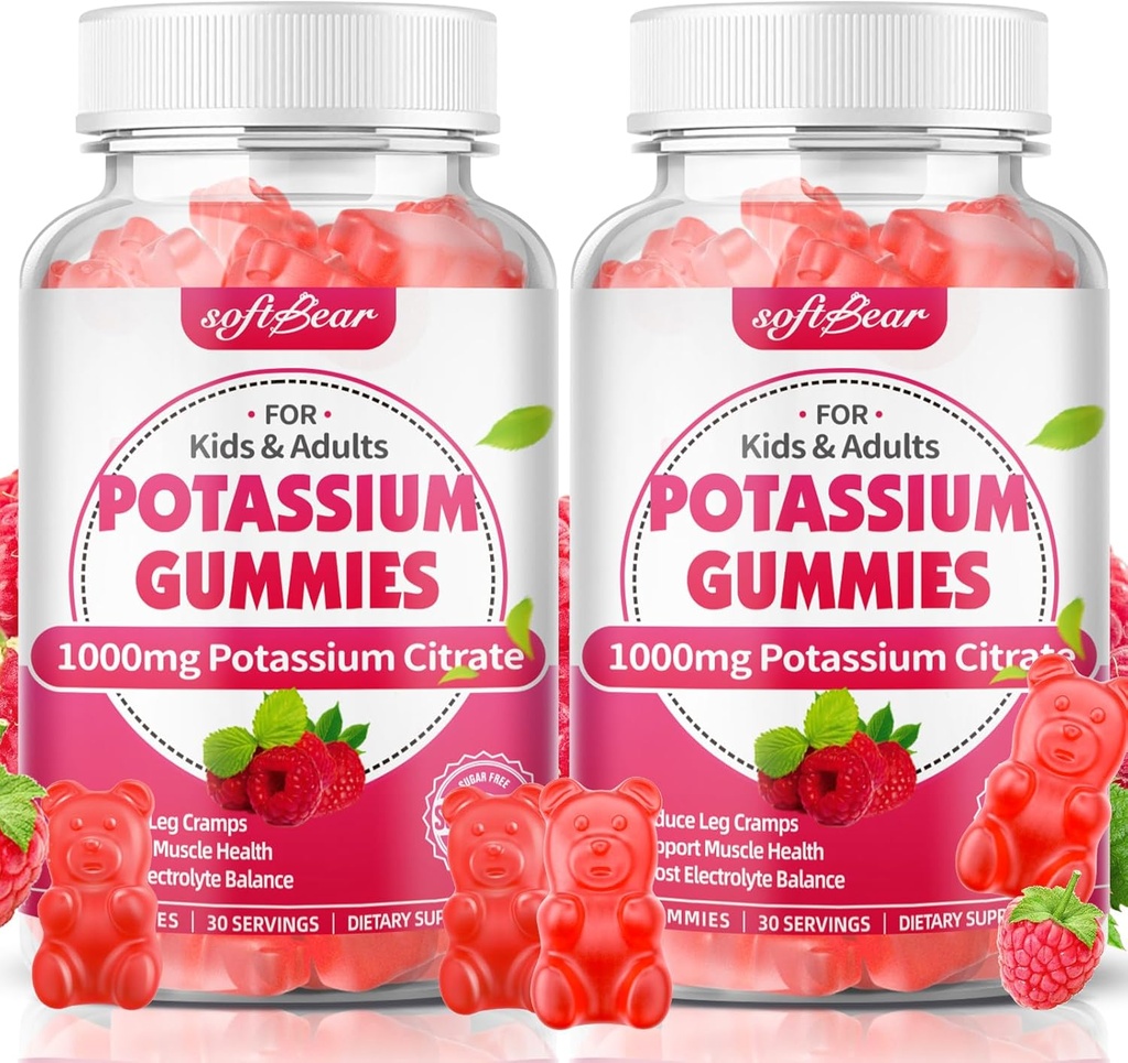 softbear Citrate de potassium 1000mg Gommies – Gommies de potassium à absorption élevée pour le soutien musculaire et équilibre électrolytique – Supplément de potassium pour les femmes et les adultes, végétalien, goût de framboise (120 comte)