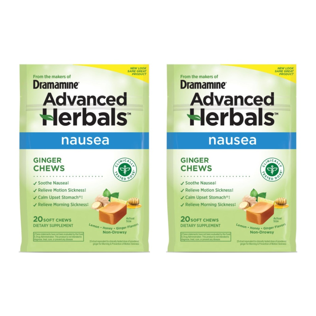 Dramamine Ginger Chews, aide à la nausée, Lemon Honey Ginger Flavor, 20 Soft Chews (paquet de 2)