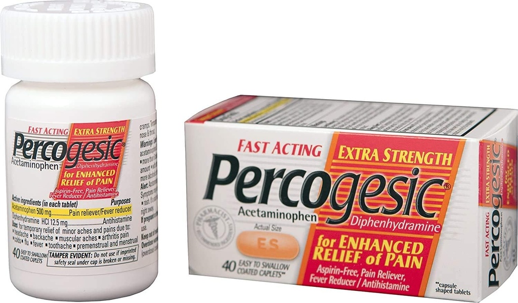 Percogesic Extra Strength Pain Relief (Soulagement de la double action sans aspirine) 40 Caplets enduits (6 Pack)