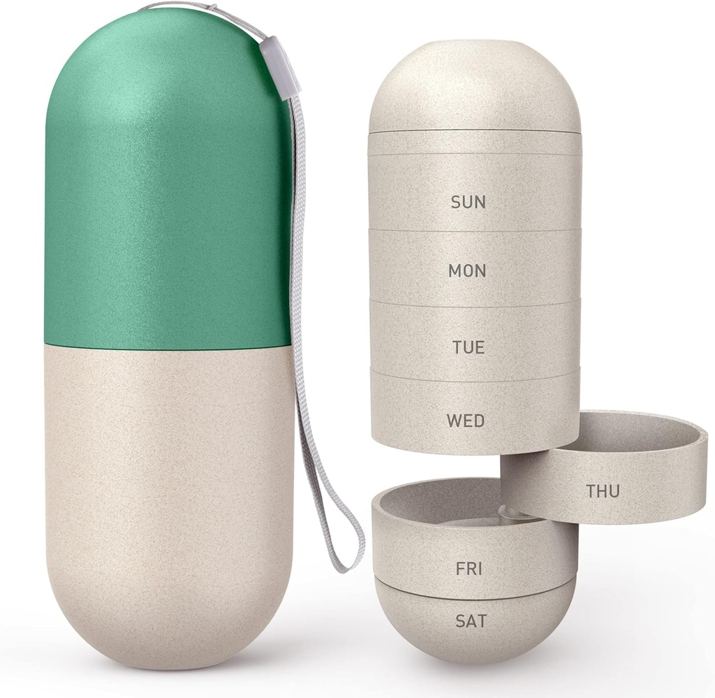 Zannaki Modernisation Grand Compartiment Fibre de Grain Moisture Proof Cute Weekly Pill Organizer, Laser Carving Markings, BPA Voyage libre Randonnée 7 jours Pill Box Case pour tenir les pilules, les vitamines, l'huile de poisson, suppléments