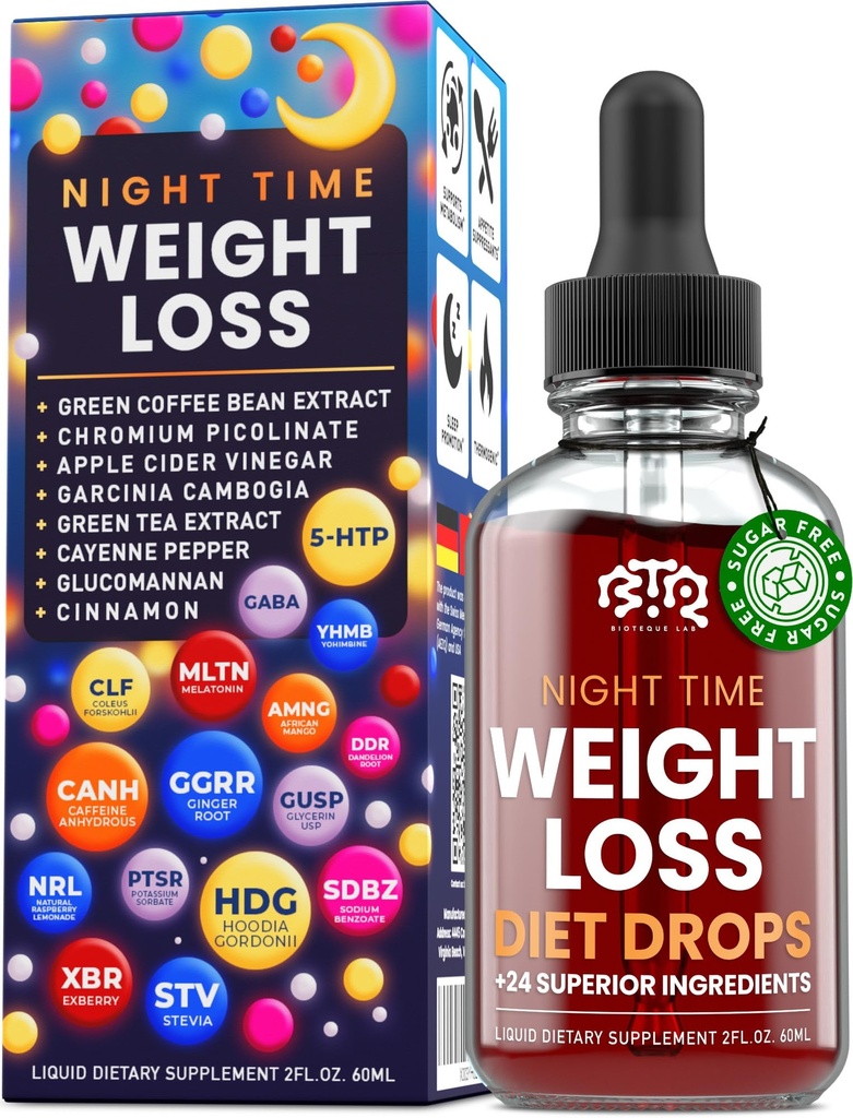 Nocturne perte de poids Diète gouttes - Contrôle de l'appétit, brûleur de graisse, Booster de métabolisme - vinaigre de cidre de pomme - cannelle - Cayenne Pepper