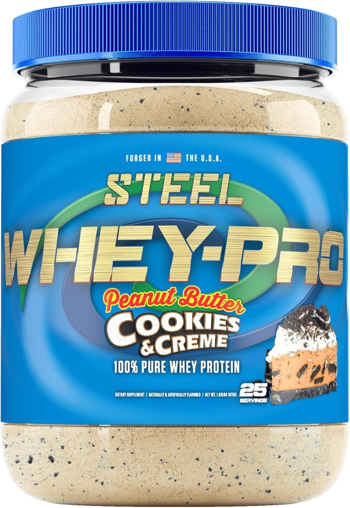 Steel Supplements Whey-Pro | Whey Protein Powder for Men and Women | Peanut Butter Cookies & Creme | 25 Servings (1.82lbs) | BCAA Amino Acids | Essential Amino Acids | Gluten Free | Low Carb