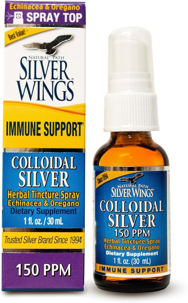 Path naturel Silver Wings Colloïdal Silver 150ppm (750mcg) w/Echinacea & Oregano Supplément de soutien immunitaire - 1 fl. oz Spray