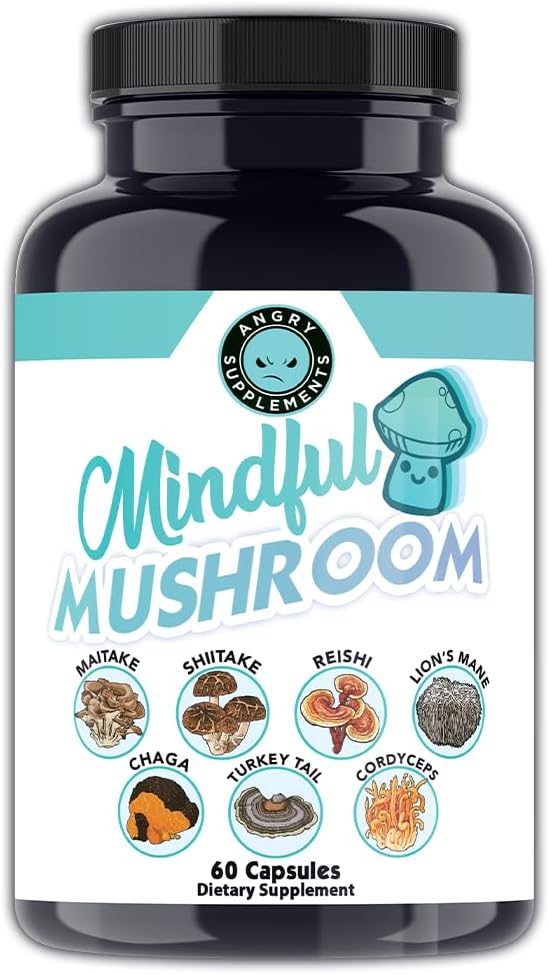 Suppléments d'angrie Capsules de champignons conscients - 7in1 Premium Health Shroom Mélange de Maitake, Shiitake, Reishi, Turkey Tail, Cordyceps, Lions Mane et Chaga Champignons (60ct)
