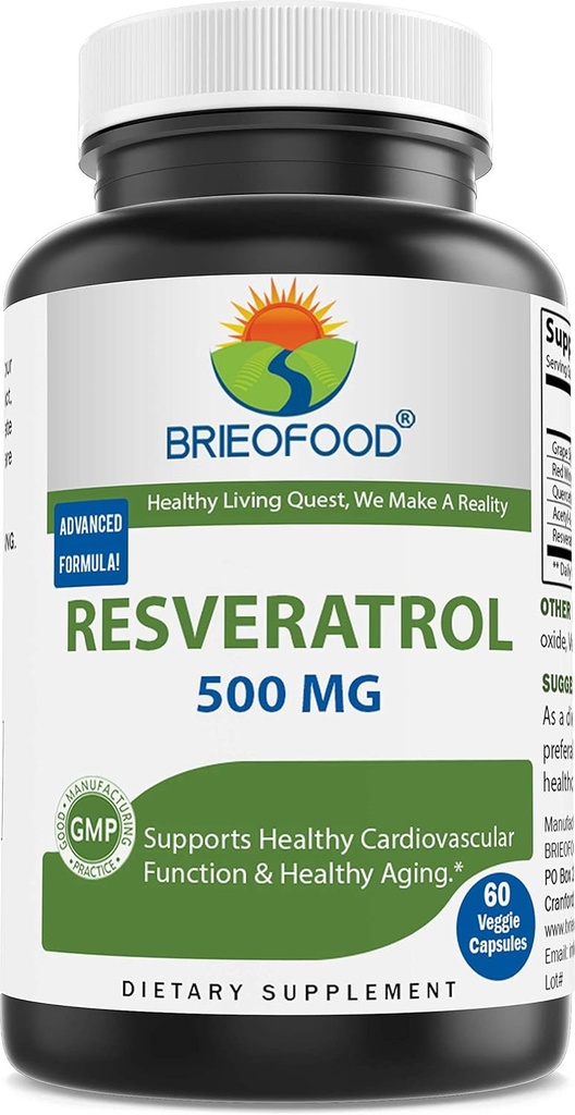 Brieofood Resveratrol 500mg - Supplément antioxydant naturel pour la santé du système cardiovasculaire et immunitaire - 60 Capsules de Veggie