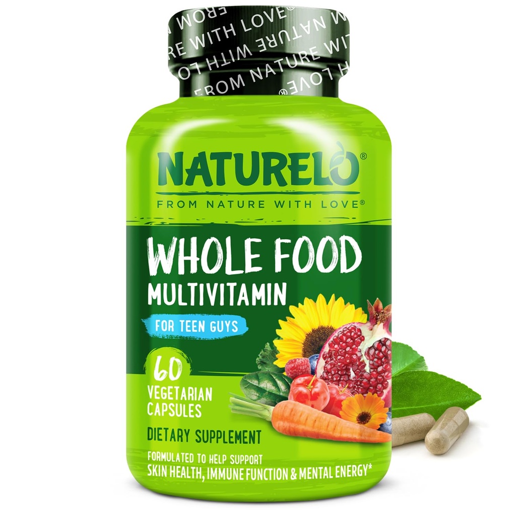 NATURELO Adolescents Multivitamine - Multivitamine d'aliments entiers pour adolescents Garçons - Supplément Minéraux pour enfants actifs - avec extraits de plantes - Non-OGM - Vegan & Végétarien - 60 Capsules