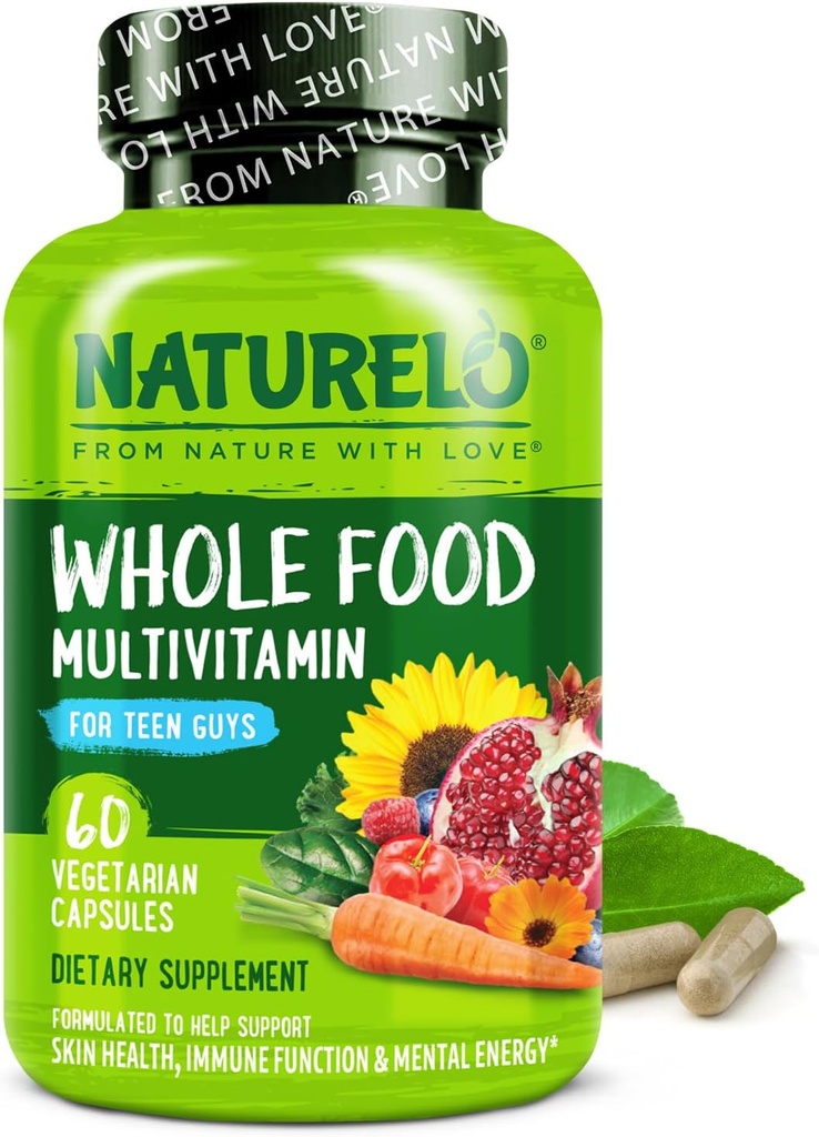 NATURELO Adolescents Multivitamine - Multivitamine d'aliments entiers pour adolescents Garçons - Supplément Minéraux pour enfants actifs - avec extraits de plantes - Non-OGM - Vegan & Végétarien - 60 Capsules